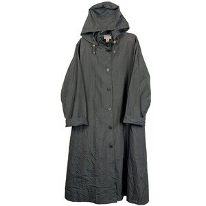 Nordstrom Women's XLarge Black Hooded Long Button Raincoat Nylon Blend Jacket